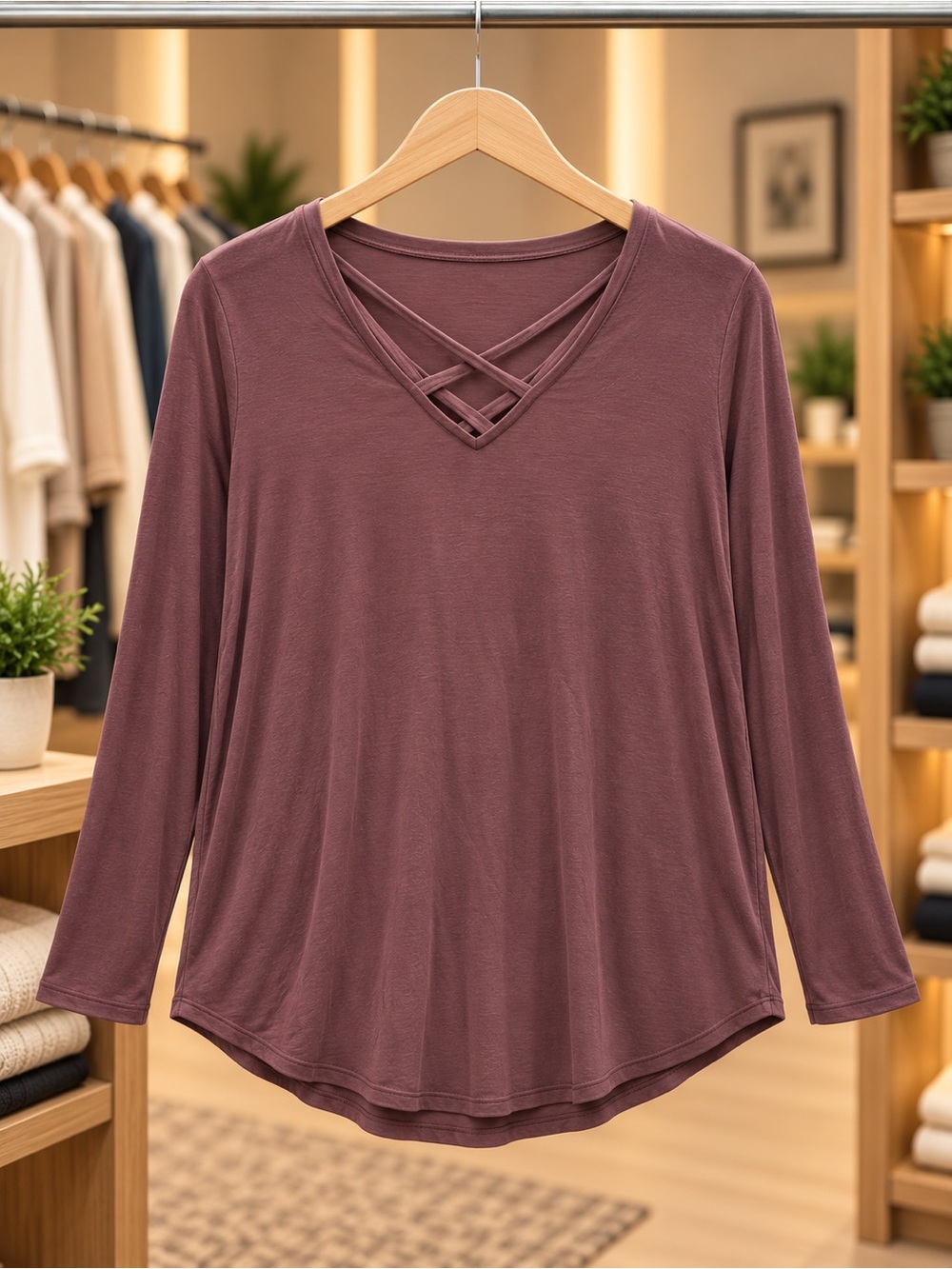 American Eagle Outfitters Mauve Crisscross V-Neck Long Sleeve Top